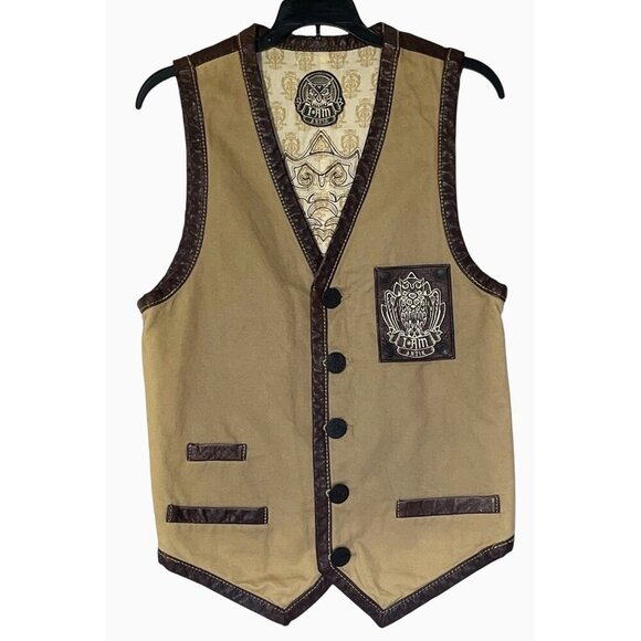 New I AM ANTIK Beige Brown Faux Leather Canvas Western Indian Handmade Vest - Picture 2 of 5